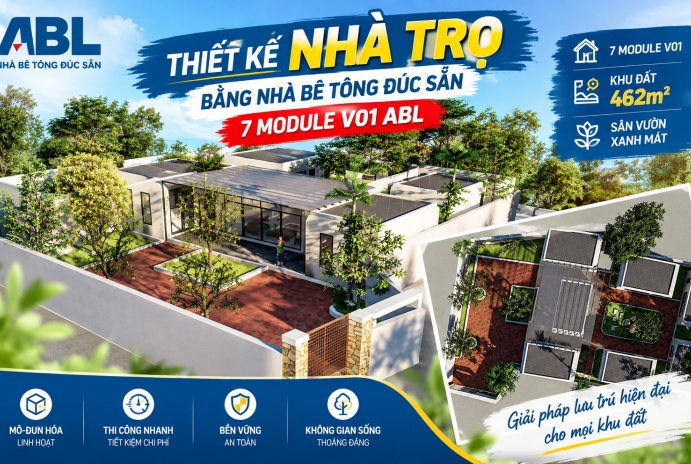 Thiết kế nhà trọ bằng nhà bê tông đúc sẵn 7 module V01 ABL