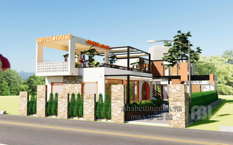 Thiết kế quán cafe 2 tầng kết hợp nhà ở hiện đại sử dụng nhà bê tông đúc sẵn V05B ABL lắp ghép