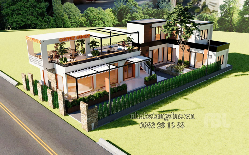 phối cảnh quán cafe 2 tầng và nhà ở hiện đại