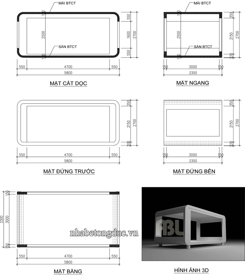 kích thước mẫu nhà bê tông đúc sẵn V01-ABL