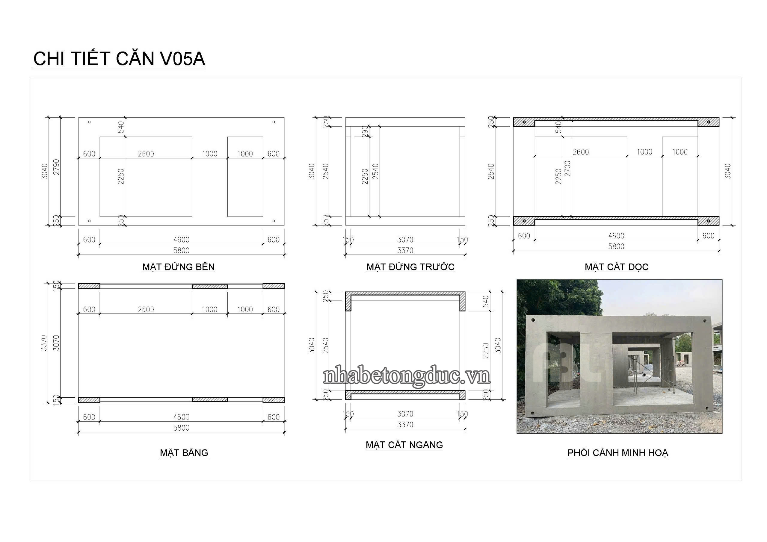 kích thước mẫu nhà bê tông đúc sẵn V05A-ABL